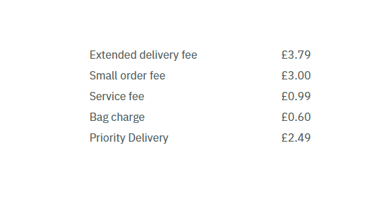 Deliveroo consumer fees breakdown showing delivery fee, small order fee, service fee, bag charge and priority delivery